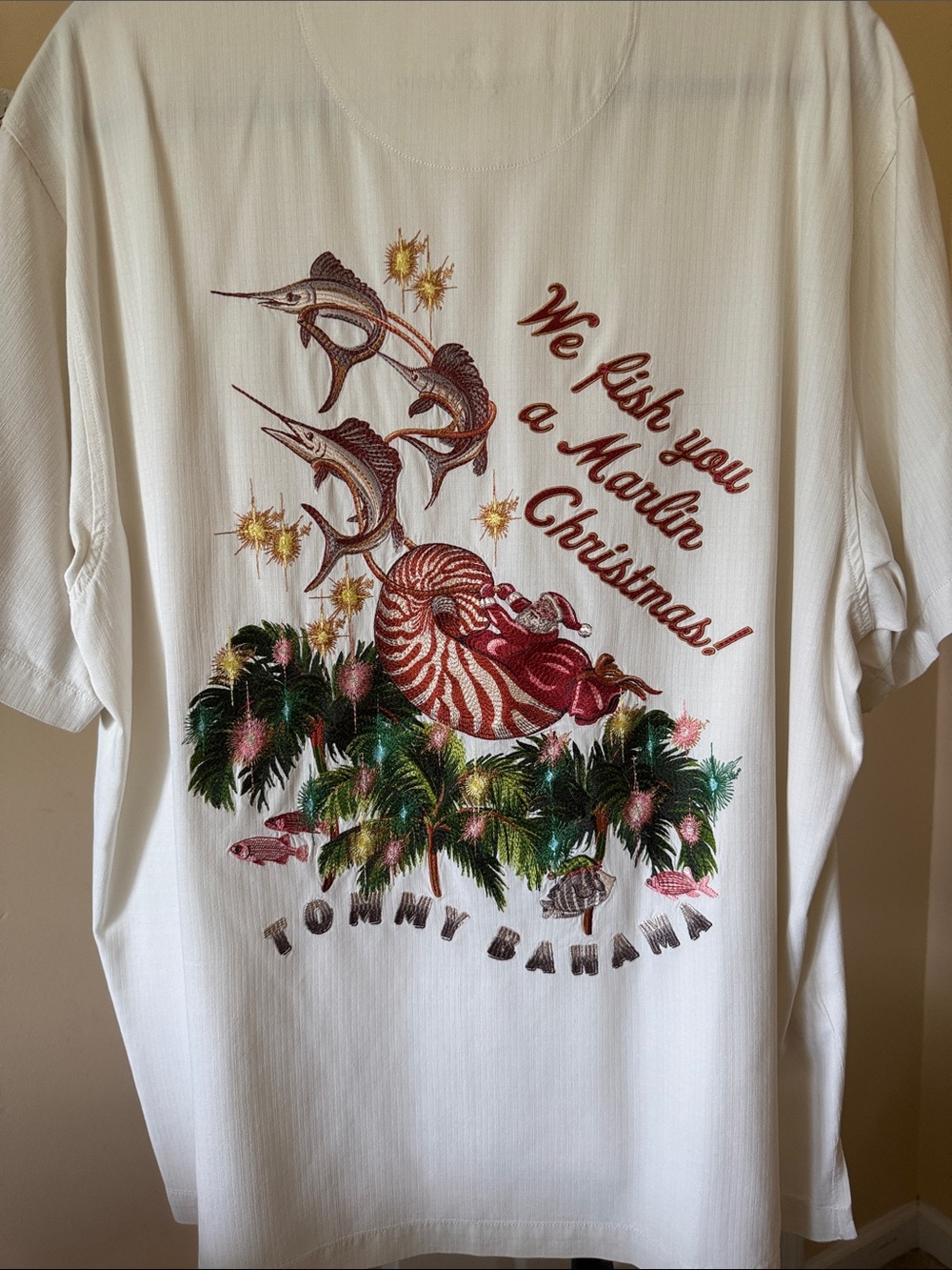 Tommy Bahama White with Red and Green Marlin Holiday Camp Shirt